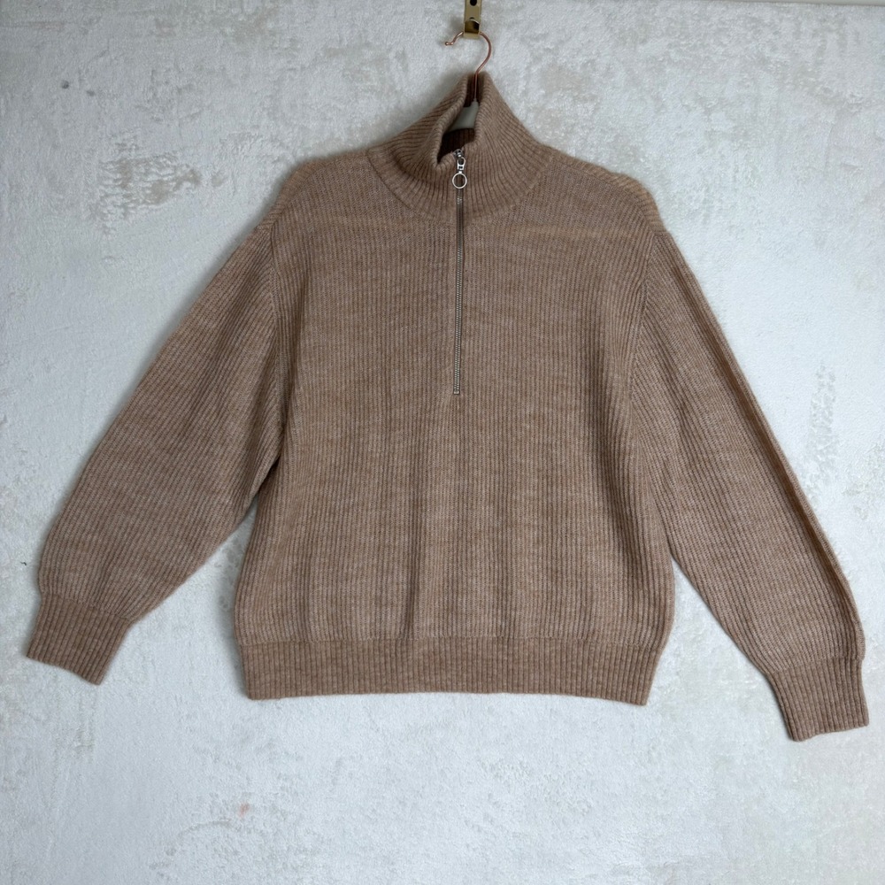 Quince Merino Wool Baby Alpaca Quarter Zip Ribbed Sweater Camel Tan Large Luxury